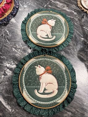 Green Cat Cross stitch Hoop Wall Art – Pair